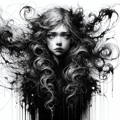 The primary subject of the image is a woman with long, flowing hair. She is depicted in a black and white illustration, which gives the image a classic and timeless feel. The setting is a white background, which allows the woman's hair to be the main focus of the image. The visual style is a combination of drawing and digital art, creating a unique and artistic representation of the woman. The overall atmosphere of the image is elegant and captivating, with the woman's hair serving as the central point of interest.